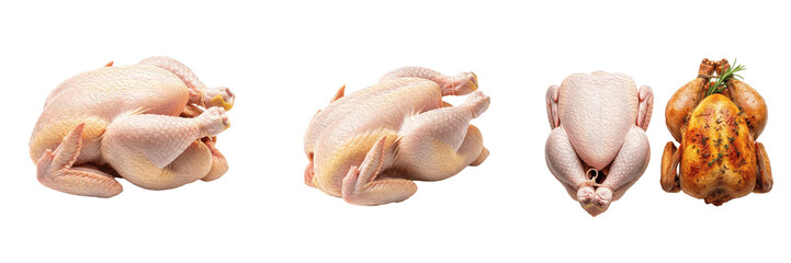 Obraz premium Whole Chicken Set, Raw Poultry for Roasting and Golden Oven-Baked Whole Chicken Collection, Isolated PNG
