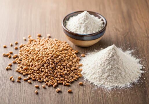 Organic wheat kernels and white flour displayed on a rough wooden surface, essential elements for baking bread naturally at home, pastry, background, agricultural
