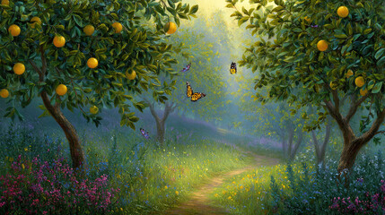 Butterflies Flying Through Lush Citrus Grove at Dawn