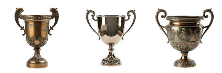 Antique Bronze Trophy Set, Vintage Ornamental Loving Cups and Victorian Style Award Collection, Isolated PNG