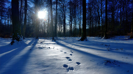 Snowy Forest Path with Sunlight Streaming Through Trees
