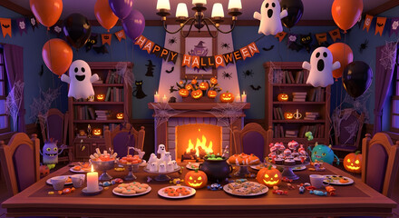 Fototapeta premium Spooky halloween dinner party setup with ghost decorations and lit candles