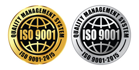 Obraz premium ISO 9001 Certified Badge Icons – Quality Management System Approval Seal in Gold and Silver
