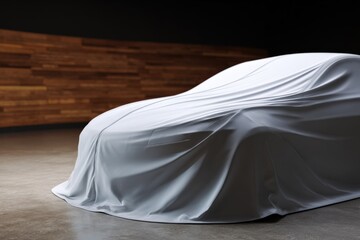 Elegant car covered in smooth white fabric in modern setting