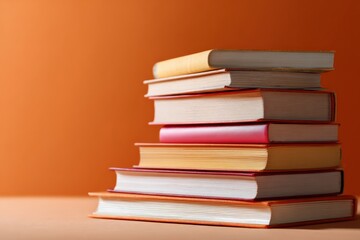 Fototapeta premium Stack of colorful books against orange background
