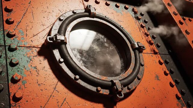 Rusty riveted metal bulkhead with portholes and worn paint