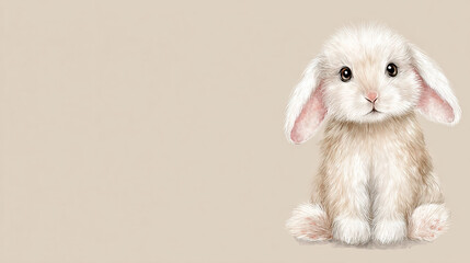 Cute White Rabbit Sitting on Beige Background