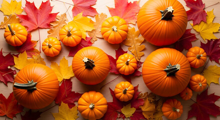 Fototapeta premium Vibrant autumnal display of pumpkins and leaves