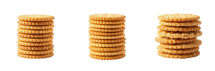 Stack of Salty Crackers Set, Golden Baked Round Biscuits and Crispy Wheat Snacks Collection, Isolated PNG