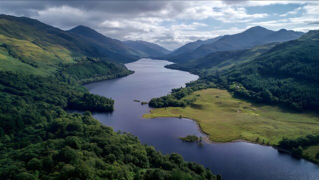 Breathtaking isolated serene, unpopulated landscape showcasing scottish Loch Lomond & The Trossachs &ndash; Beautiful lochs, hills, and woodlands