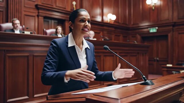 Woman presenting in courtroom with formal attire and confident demeanor, engaged in important legal discussion and public speaking, showcasing skills in advocacy and law for legal professionals.