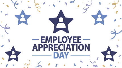 Festive Employee Appreciation Day Banner with Confetti and Star Icons for Staff Recognition, Team Gratitude, and Corporate Celebration Events