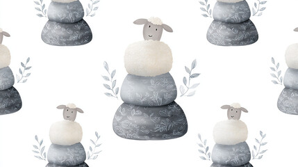 Cute Sheep Sitting on Stacked Pillows with Floral Pattern