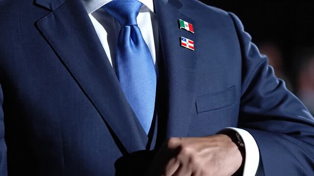 Man in blue suit with Mexico and Dominican Republic flag pins