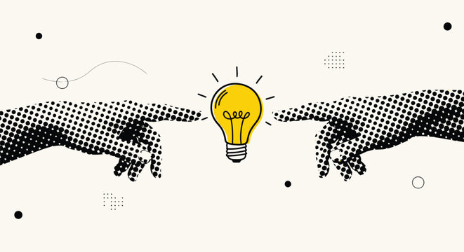 Trendy halftone collage two human hands reaching toward glowing lightbulb creative idea and innovation concept