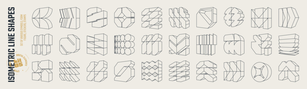 Postmodern abstract geometric graphic frame elements, Isometric line brutal 3D shapes, Brutalism volumetric carcass various form, trendy cyber design symbols in futuristic aesthetics, vector set 5