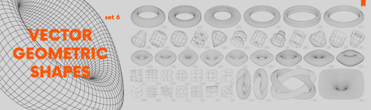 Set of different strange wireframes form inspired by brutalism, distortion and transformation of figure, Collection of  linear vector 3d geometric shapes, graphic design elements, set 6