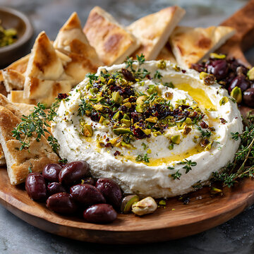 Gourmet Mediterranean Whipped Feta Dip with Olive Oil, Toasted Pistachios, and Fresh Thyme Served on a Rustic Wooden Platter with Kalamata Olives and Warm Pita Bread.