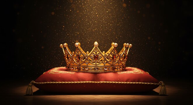 Golden ornate crown resting elegantly atop a rich red velvet cushion with intricate detailing and sparkling background