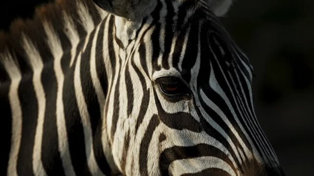 Close-up portrait of a zebra's face with distinctive black and white stripes.