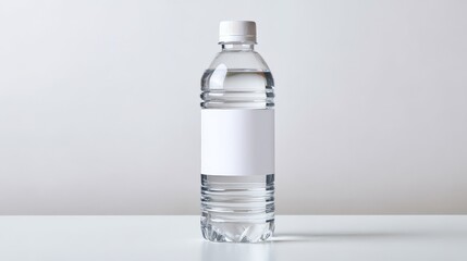 Clear plastic water bottle with blank white label mockup isolated on white background © Akash
