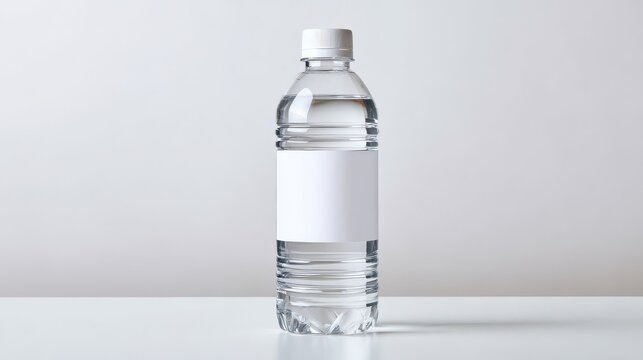Clear plastic water bottle with blank white label mockup isolated on white background