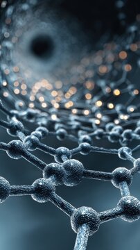 3D render of a carbon nanotube molecular structure showing a hexagonal lattice tunnel with glowing particles