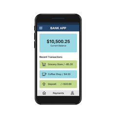 Mobile banking application interface showing account balance and recent transactions on smartphone screen, digital finance concept