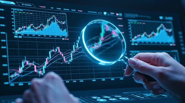 A person looks closely at stock market data using a magnifying glass to study changes in financial trends and