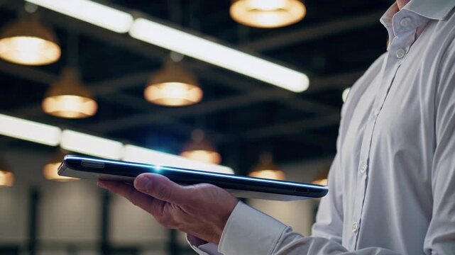 Hands holding tablet with bright LED glow effect. Digital technology, futuristic device illumination, and holographic display footage