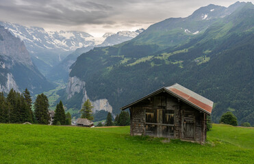 Obraz premium Scenic view of Lauterbrunnen Valley featuring a traditional alpine cabin surrounded by green meadows, steep cliffs, and waterfalls in Switzerland