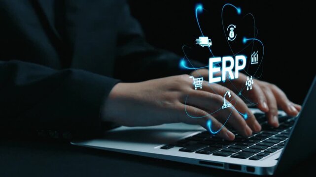 ERP platform visual showing centralized system for enterprise resource planning, improving integration, data flow, business efficiency, finance, inventory, and human resources. Elide