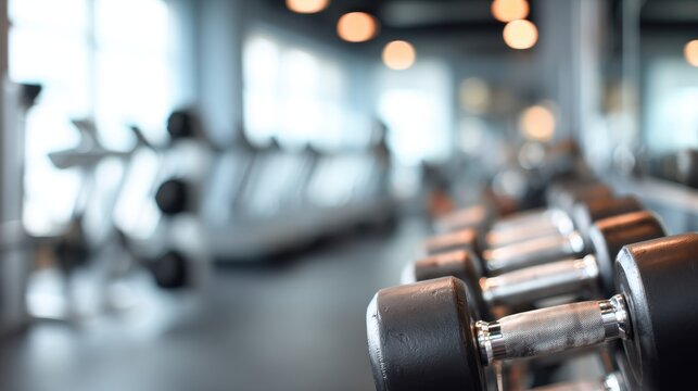 Close-up of gym dumbbells on a rack in a bright, modern fitness studio