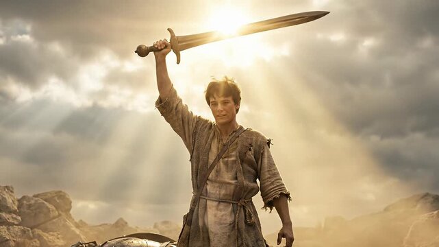 Biblical young shepherd David standing triumphantly holding a large sword up toward the sky with bright sun rays after defeating the giant Goliath in a rocky desert landscape with hills