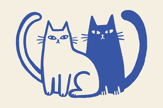 Two cats minimalist doodle vector illustration