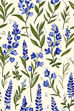 Hand painted blue lupine and bluebonnet floral pattern on cream canvas