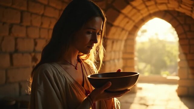 Woman holding bowl in ancient setting with warm sunlight filtering through archway. Woman gazes thoughtfully at contents of bowl, reflecting inner peace and tranquility.
