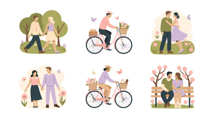 Fototapeta premium A collection of illustrations featuring couples enjoying various outdoor activities, creating a sense of love, togetherness, and outdoor happiness.
