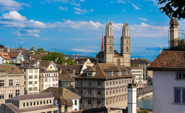 Zurich city center with old town rooftops and Grossm&uuml;nster cathedral, Switzerland