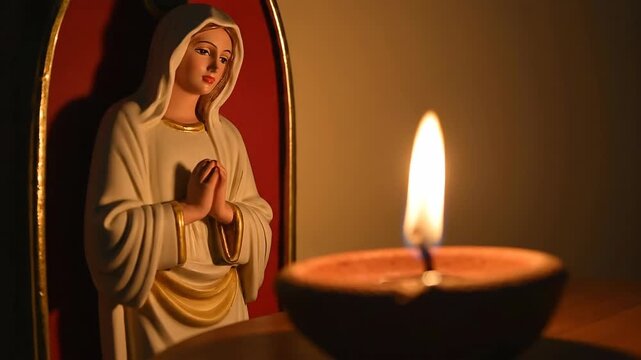 Candlelight prayer with serene statue of religious figure and glowing flame in dim setting, encouraging moments of reflection and contemplation.