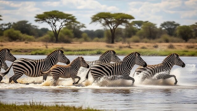 Herd of zebras running together through a river in the savannah on a sunny day with trees in the background