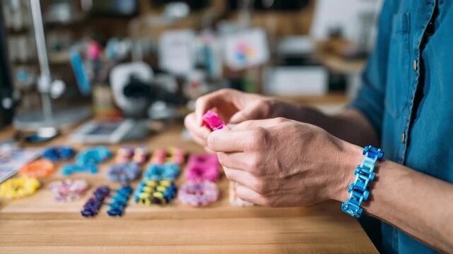 Hands assembling customizable 3Dprinted bracelets with interchangeable links and vibrant color options on a workbench.