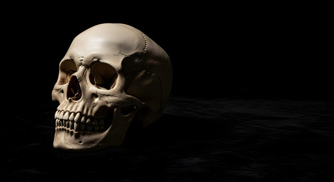 A human skull in profile against a dark background
