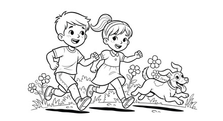 Fototapeta premium Kids coloring book A black and white illustration of a boy and girl running with a dog in a field of flowers