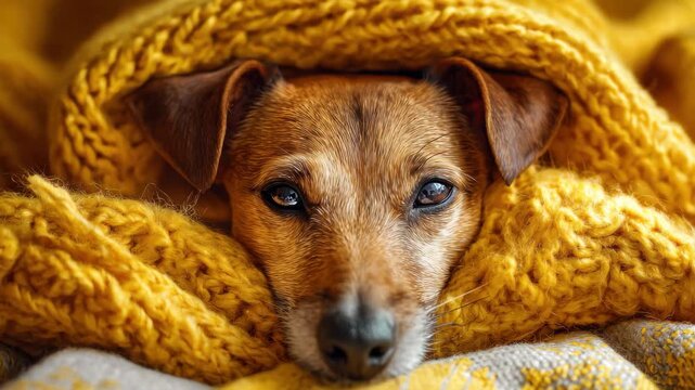 Cute dog enjoys warmth while wrapped in a yellow blanket at home during a cozy afternoon