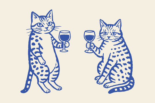 Two cats with wine glasses doodle vector illustration