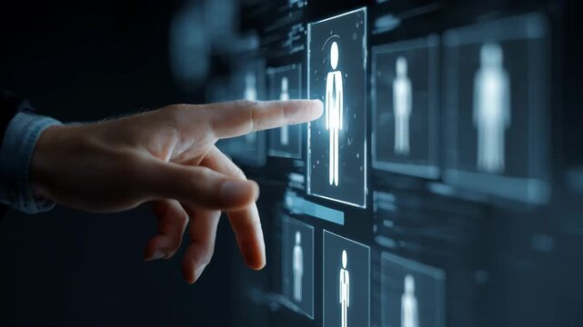 Medium shot of a recruiter comparing job roles using benchmarking data on a digital screen to enhance hiring standards.
