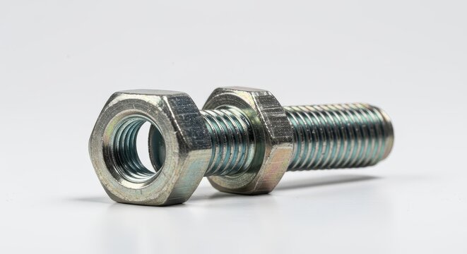 Industrial zinc plated steel bolt and hexagonal nut isolated on a pure white background, emphasizing construction, assembly, and mechanical fastening, hexagonal, background, threaded