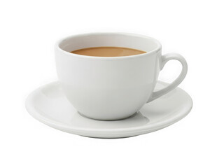 A steaming cup of coffee on a white saucer against a white background isolated on transparent background