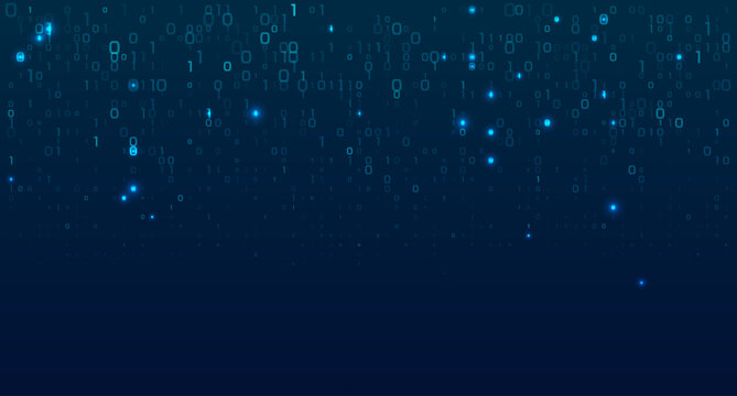 Falling binary code streams create a futuristic matrix rain background with glowing green data and cyber security atmosphere on dark tech backdrop.